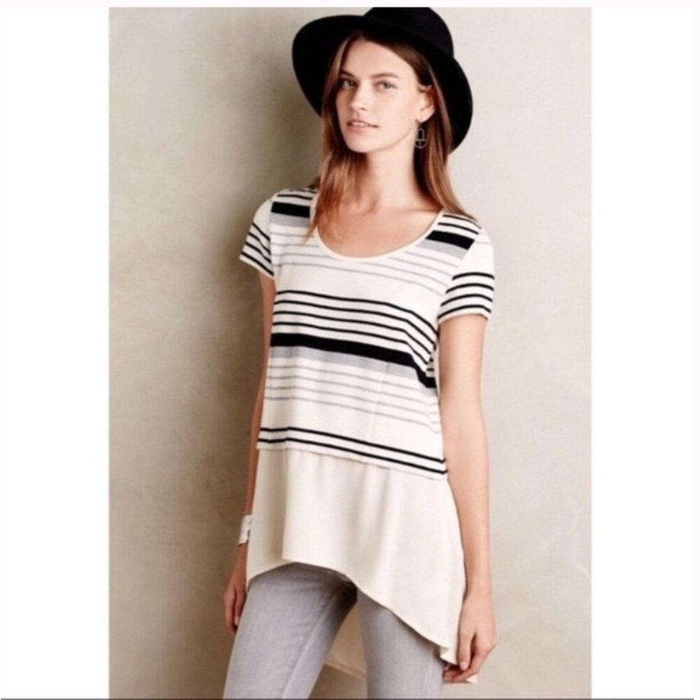 Anthropologie Deletta Ivory Short Sleeve Top in Size M, Striped Blouse